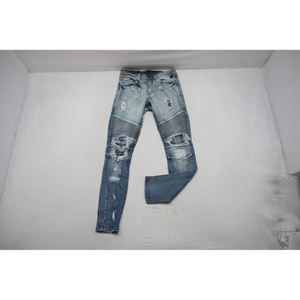 Heritage America Moto Jeans Mens 32x33 Blue Distressed Biker Slim Fit Excellent